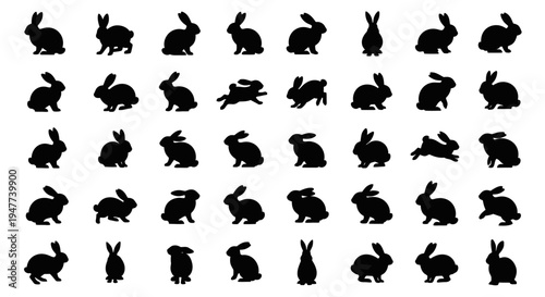 Collection of various rabbit silhouettes in different poses and movements.