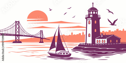 A purple and orange pixel art lighthouse by the sea Vector