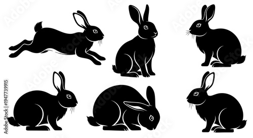 Collection of six black rabbit silhouettes in various poses.
