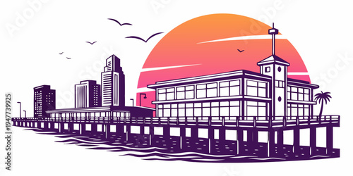 A pier with buildings and a sunset in the background Vector