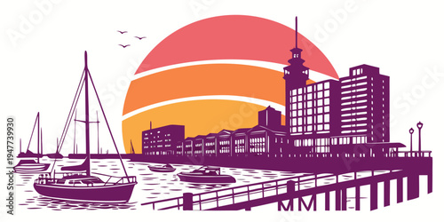 A city skyline with a pier and sailboats at sunset Vector