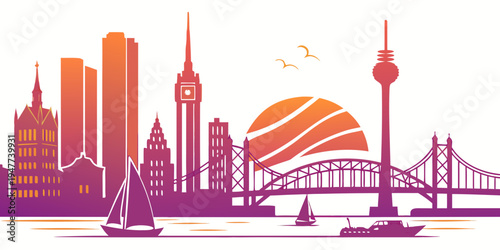 A city skyline with a bridge and tower Vector