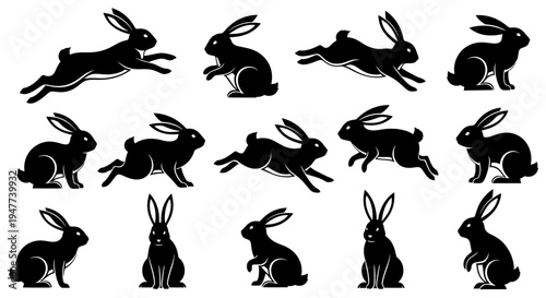 Collection of various rabbit silhouettes in different dynamic poses.
