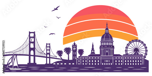 A purple silhouette of a city skyline at sunset Vector