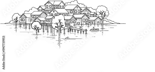 Stilt houses cluster above tranquil water, a tranquil village scene