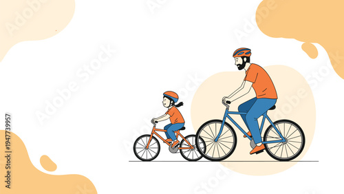 Father and daughter ride their bicycles together on a sunny day to enjoy outdoor exercise and spend quality time as a happy family.