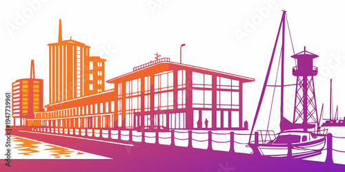 A colorful illustration of a city skyline with a dock and sailboat Vector