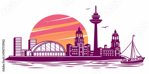 A city skyline with a tower and a bridge Vector