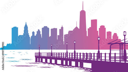 A colorful city skyline with a pier Vector