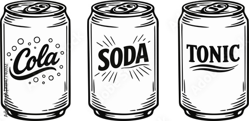 Vintage Black and White Cola, Soda and Tonic Can Line Art Set – Engraving Style Aluminum Beverage Packaging Illustration