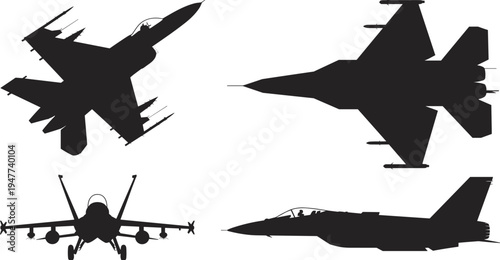 Military fighter jet silhouettes vector set, modern combat aircraft collection isolated for aviation, defense and air force design
