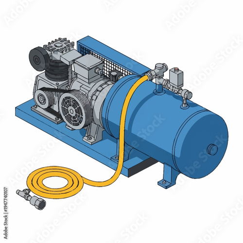 Illustration of a blue air compressor with a yellow hose coiled on the floor.