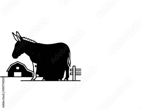 Silhouette of a donkey and barn in a simplistic rural scene