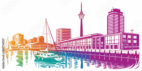 Colorful illustration of a city skyline by water Vector