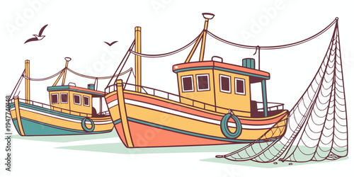 Two fishing boats with nets on the water Vector