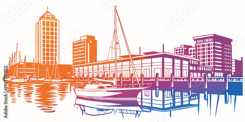 A colorful city skyline with a boat in the water Vector