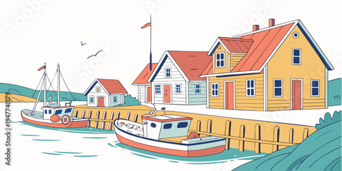 A colorful illustration of a harbor with boats and houses Vector