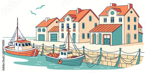A colorful harbor scene with boats and buildings Vector
