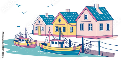A colorful harbor with boats and houses Vector