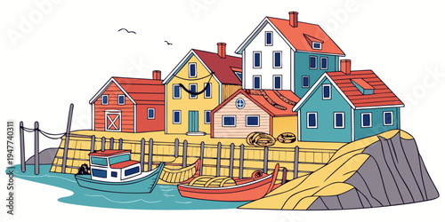 A colorful illustration of a small coastal village Vector