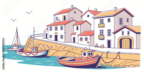 A small coastal town with boats docked in the water Vector