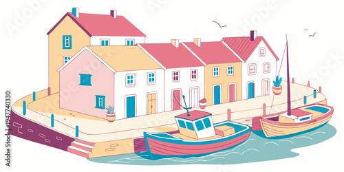 A colorful illustration of a harbor with boats and buildings Vector