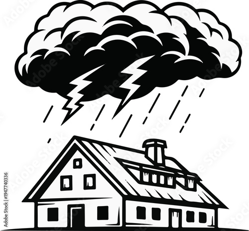 Stormy weather with lightning, rain, and a house