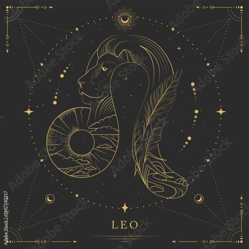Modern magic witchcraft card with astrology Leo zodiac sign on space background. Line art vector illustration