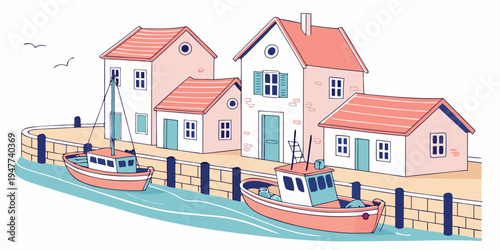 A row of houses with boats in front of them Vector