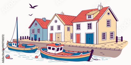 A colorful harbor scene with boats and houses Vector