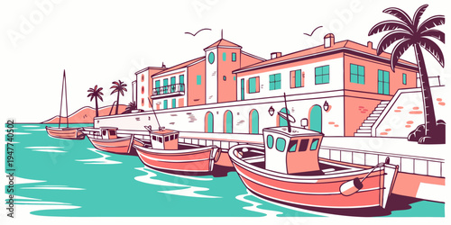 A colorful waterfront town with boats and palm trees Vector