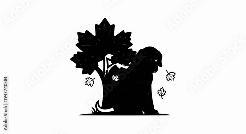 Silhouette of a fluffy dog sitting near a maple tree with falling leaves