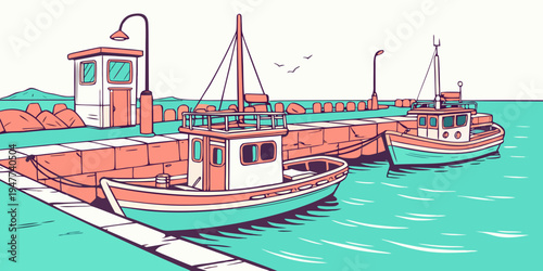 A large boat sitting on a dock in the water Vector