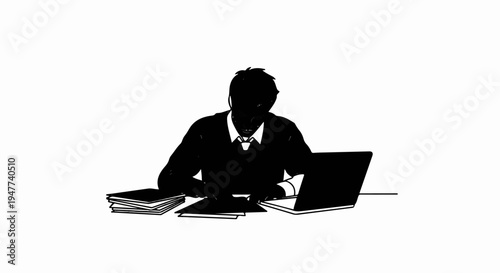 Silhouette of a focused individual working at a desk with a laptop and books