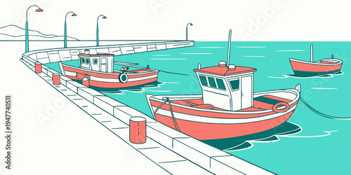 Red boats are docked at a pier in the water Vector