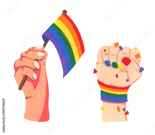 Hand holding rainbow flag pride illustration, colorful Pride Month celebration of LGBTQ equality love diversity.