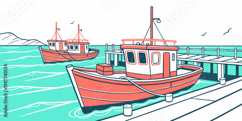 Red boats are docked at a pier by the sea Vector