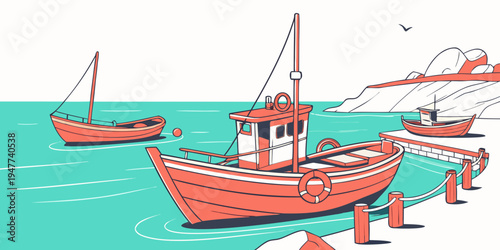 A red boat sitting on a dock next to the ocean Vector