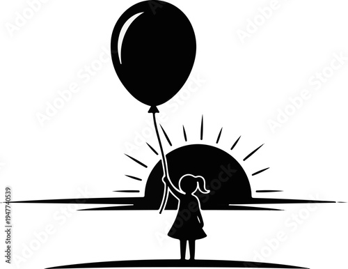 Silhouette of a girl holding a balloon against a sunrise