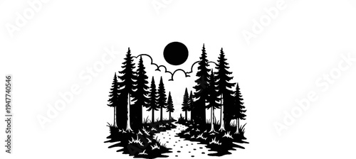 Silhouette of a forest path winding through pine trees under a dark moon