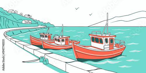 Two red boats sitting on a dock by the water Vector