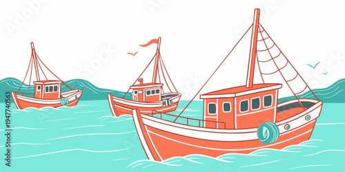 Three orange boats floating on a body of water Vector