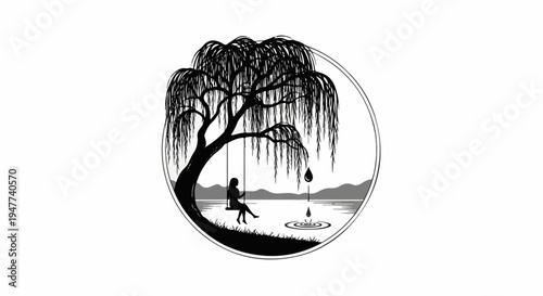 Silhouette of a girl on a swing under a weeping willow tree by a serene lake