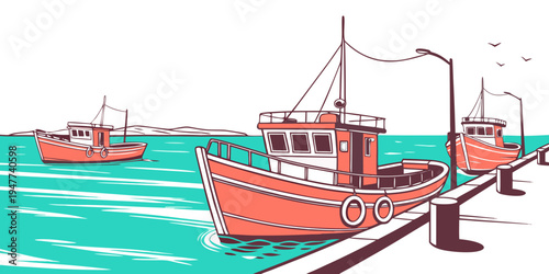 A red fishing boat sitting on a dock Vector