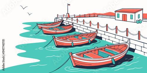 Three red boats tied to a dock by the water Vector