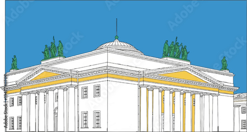Striking classical building facade with columns, sculptures, and a dome under blue sky