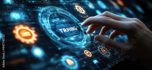 focused hand interacting with holographic training interface showing glowing digital gears, security and media icons on a futuristic neon touchscreen