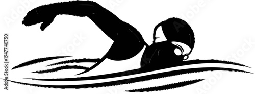 Silhouette of a swimmer with goggles and cap moving through water