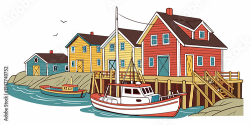 A colorful fishing village with a dock and boats Vector