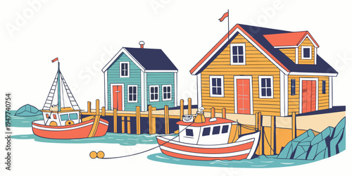 A colorful illustration of a dock with boats and houses Vector